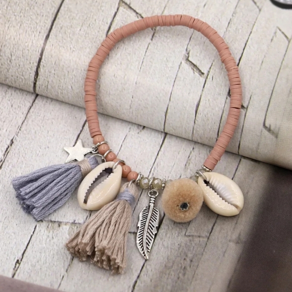 Boho Jewelry Bracelet for Women, Colorful Clay Beads with Tassel Shell - Picture 2 of 7